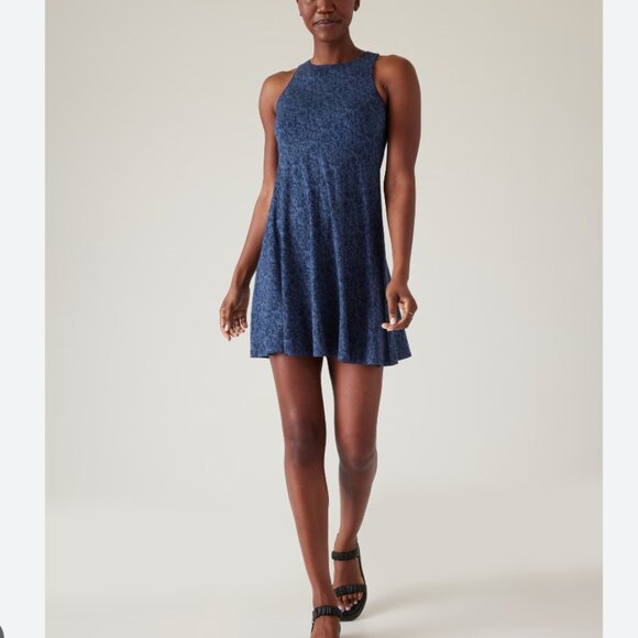 Athleta Navy Blue Santorini Thera Print High Neck Modal Shift Dress Athleisure S - Picture 1 of 8